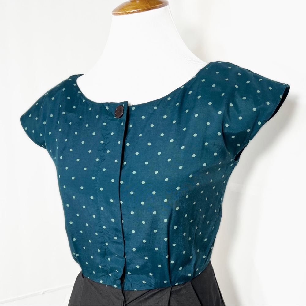 Modcloth Emily and Fin Teal Polka Dot Black Retro Cap Sleeve Sheath Dress - Picture 2 of 11